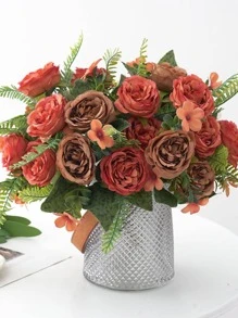 1支人造牡丹花束,玫瑰花蕾,情人節禮物,婚禮裝飾,新娘手花,花材料,diy花環材料,新年家居,臥室,客廳,花瓶配件,假期生日派對裝飾,花藝材料 - 橘色 - 查看 2