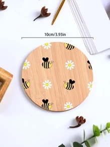 1pc Bamboo Table Cup Coaster, Cute Bee & Flower Pattern Coaster For Home - Multicolor - View 3