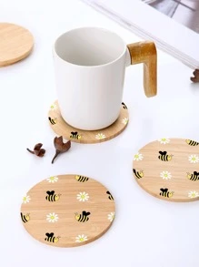 1pc Bamboo Table Cup Coaster, Cute Bee & Flower Pattern Coaster For Home - Multicolor - View 2
