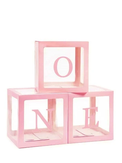 3个粉色派对气球盒，白色，粉色气球盒，积木派对用品彩色气球盒，派对气球盒，积木生日派对装饰，生日派对装饰