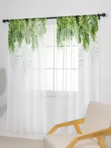 1pc Leaf Print Curtain, Cottagecore Polyester Blackout Curtain For Living Room - Multicolor - View 2
