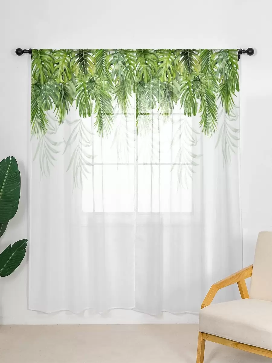 1pc Leaf Print Curtain, Cottagecore Polyester Blackout Curtain For Living Room - Multicolor - View 1