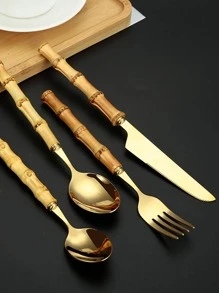 4入組竹子設計手柄餐具套裝 - 金色 - 查看 1