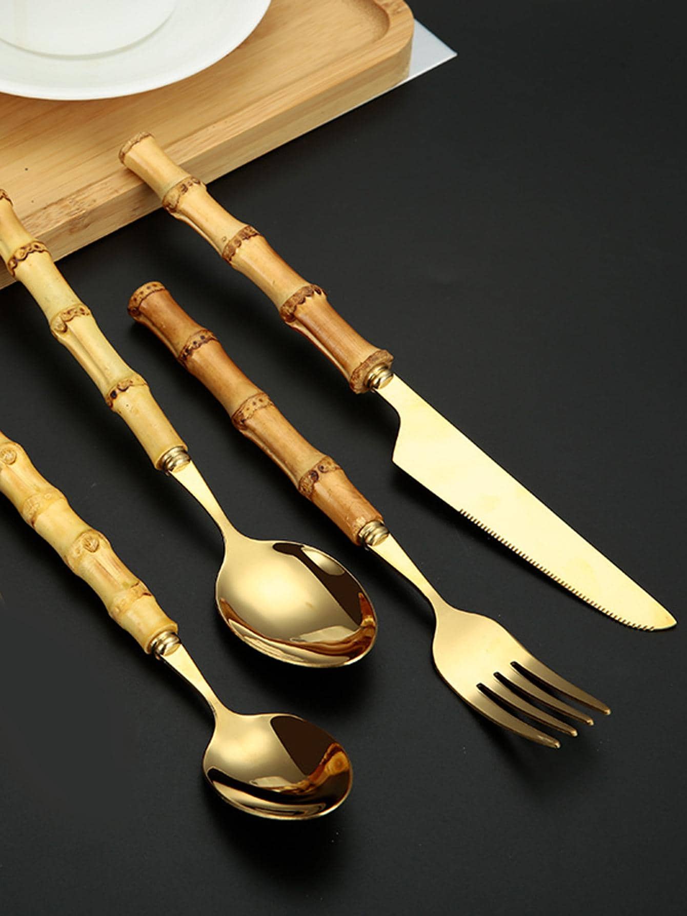 4入組竹子設計手柄餐具套裝 - 金色 - 查看 1