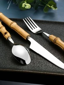 4入組竹子設計手柄餐具套裝 - 金色 - 查看 3