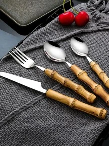 4入組竹子設計手柄餐具套裝 - 金色 - 查看 2