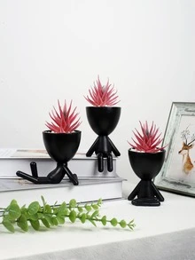 1Pc Artificial Succulent Bonsai With Creative Plastic Pot, Home Decor, Kitchen Decor, Table Decoration,Centerpieces,Artificial Flowers,Plastic Flowers - Black - View 5