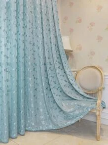1入組葉子刺繡紗簾,現代滌綸濾光隱私透明窗簾適用於客廳和臥室 - 藍色 - 查看 1