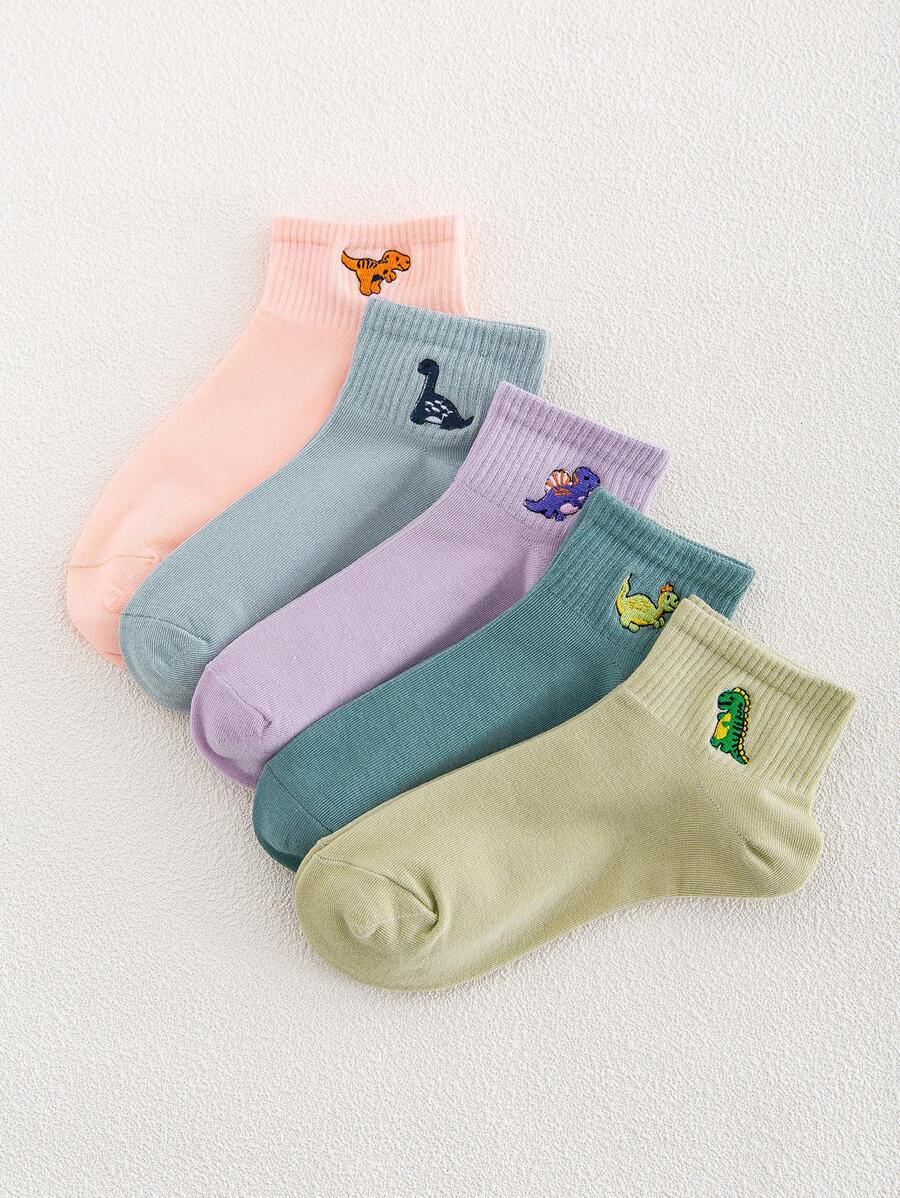 5双女士基本款刺绣恐龙图案袜子，四季款，欧美尺码，尺码充足，舒适透气，耐磨不闷热，适合日常穿着，男女适用，采用优质面料制成 - 彩色 - 查看 1