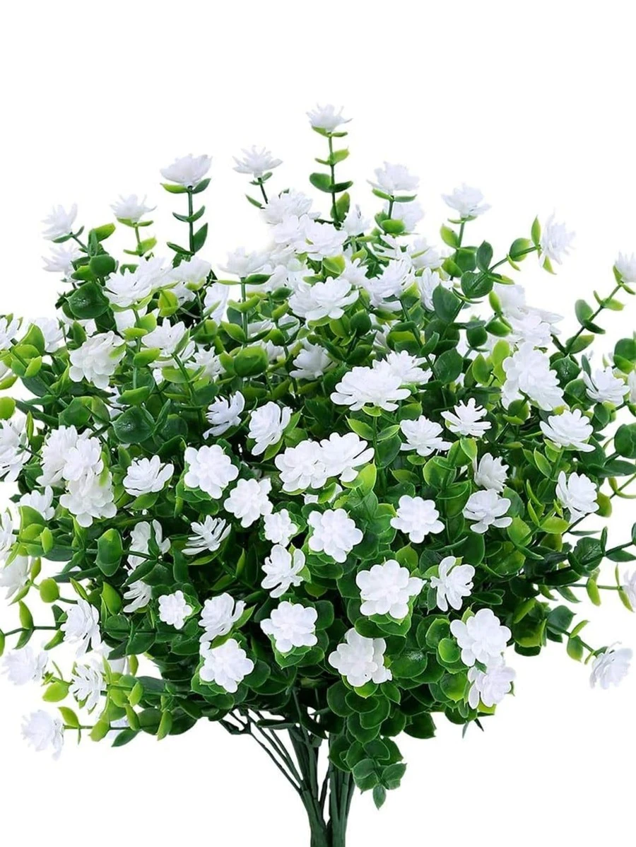 1 件/2 件/4 件/6 件人造花，假户外抗紫外线黄杨灌木仿塑料绿植植物适用于户外悬挂花盆露台庭院婚礼室内家庭厨房农舍装饰、假植物、秋季装饰、房间、书桌、花园装饰、房间装饰用品 - 白色 - 查看 1