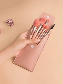 1pc Solid Color Makeup Brush Storage Bag, Modern Portable Makeup Storage Bag For Home And Travel - Pink - View 1