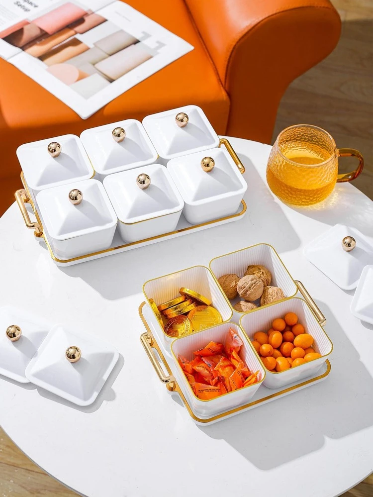 1set Metallic Trim Food Storage Box & Tray, Modern PS Food Storage Box & Tray For Home