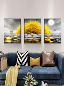 3pcs Tree Pattern Wall Sticker, Modern Polyester Self Adhesive Wall Art Decal, For Home Decor, Posters, Stickers, Wall Art, Spring Decoration Items Refresh Your Home, Rama Decoration Stickers Gifts Birthday Graduation - Multicolor - View 2