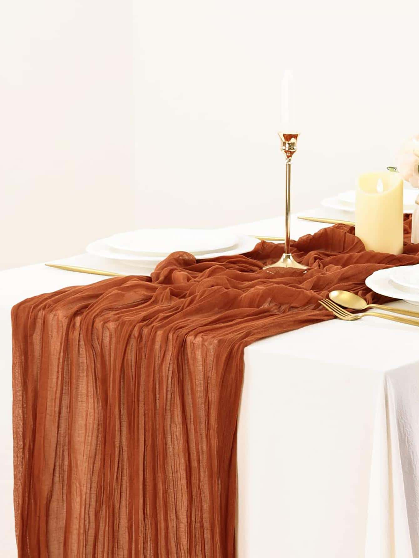 1入組90X300厘米銹棕色褶皺設計桌布，現代亞麻矩形桌布，用於餐桌裝飾 - 鏽棕色 - 查看 1