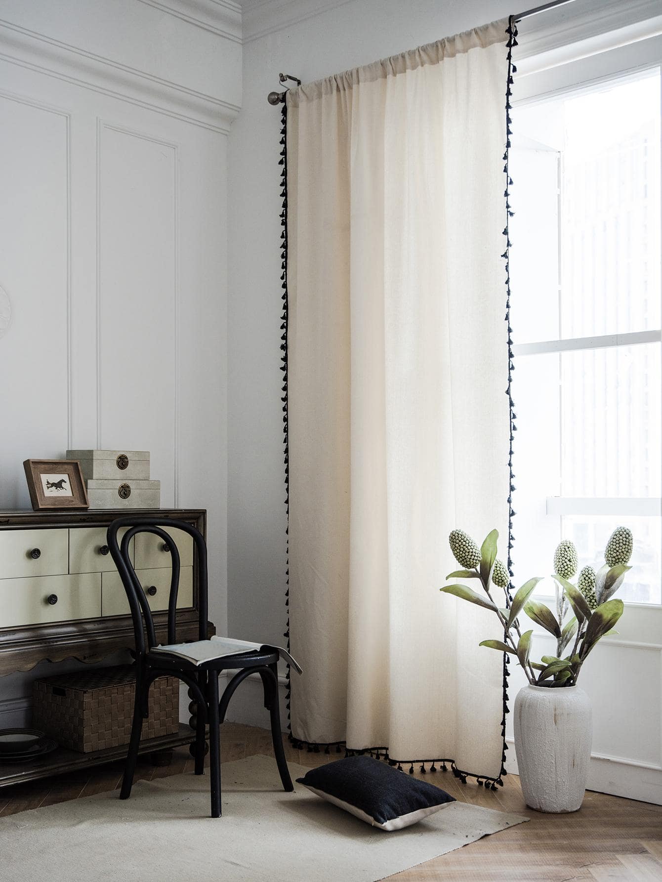 素色單面板透明窗簾流蘇裝飾濾光隱私透明窗簾適用於客廳和臥室 - 黑色 - 查看 1