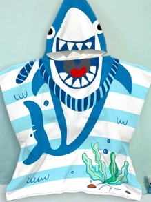 1 khăn tắm hoạt hình cá mập & cá có mũ trùm đầu cho trẻ em - Xanh và trắng - Xem 2