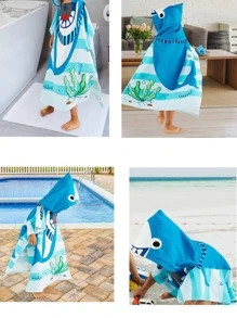 1 khăn tắm hoạt hình cá mập & cá có mũ trùm đầu cho trẻ em - Xanh và trắng - Xem 4