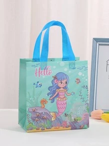 4入组/套無紡布織物禮品袋,可愛美人魚和字母圖案禮品包裝包適合派對 - 彩色 - 查看 3