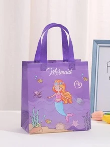 4入组/套無紡布織物禮品袋,可愛美人魚和字母圖案禮品包裝包適合派對 - 彩色 - 查看 2