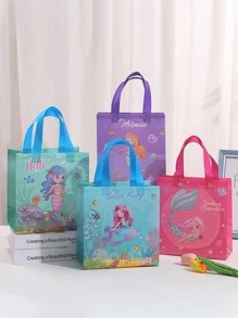 4入组/套無紡布織物禮品袋,可愛美人魚和字母圖案禮品包裝包適合派對 - 彩色 - 查看 1