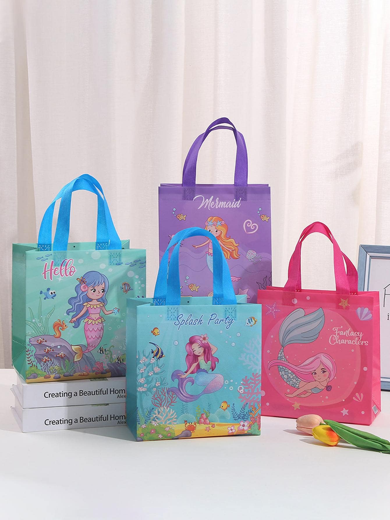 4入组/套無紡布織物禮品袋,可愛美人魚和字母圖案禮品包裝包適合派對 - 彩色 - 查看 1