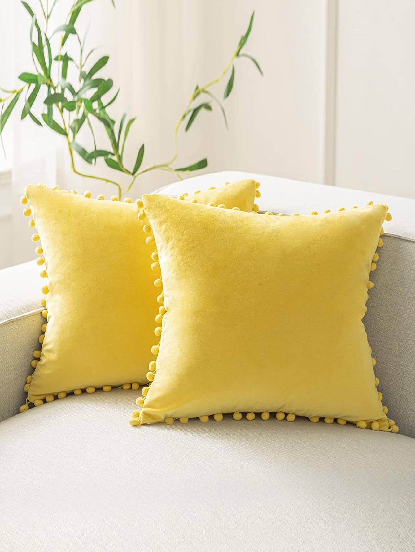 1入組絨球裝飾靠墊套簡約黃色化纖抱枕套不含枕芯適用於沙發、沙發、客廳 - 黃色 - 查看 1