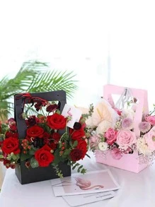 1 bolsa de regalo de papel, bolsa de regalos de recuerdo de fiesta recortada rosa minimalista para fiesta - Rosa - Ver 5