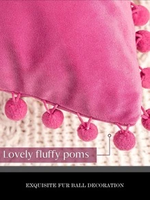1pc Solid Color Cushion Cover Without Filler, Pom Pom Decor Chemical Fiber Decorative Throw Pillow Case For Living Room, Home Decor - Hot Pink - View 3