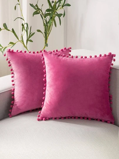 1pc Solid Color Cushion Cover Without Filler, Pom Pom Decor Chemical Fiber Decorative Throw Pillow Case For Living Room, Home Decor