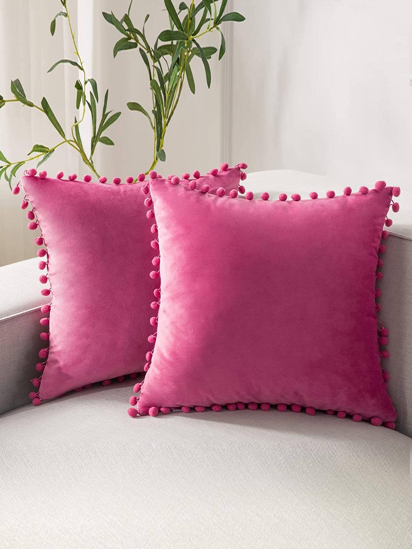 1pc Solid Color Cushion Cover Without Filler, Pom Pom Decor Chemical Fiber Decorative Throw Pillow Case For Living Room, Home Decor - Hot Pink - View 1