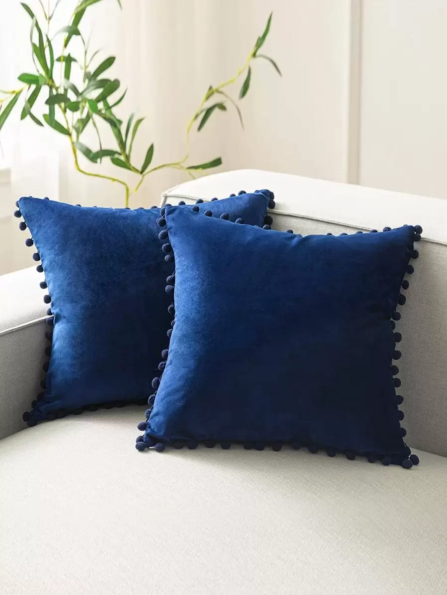 1入組素色靠墊套無填充物絨球裝飾化纖裝飾抱枕套適用於客廳家居裝飾