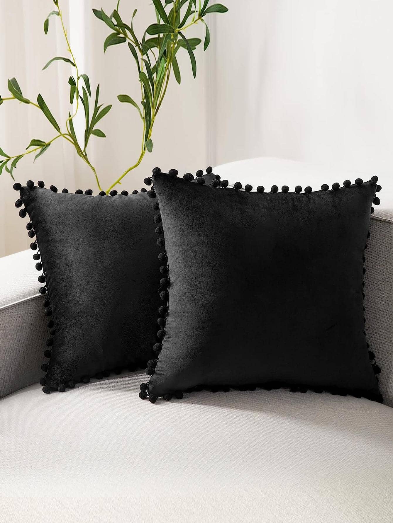1pc Solid Color Cushion Cover Without Filler, Pom Pom Decor Chemical Fiber Decorative Throw Pillow Case For Living Room, Home Decor - Black - View 1