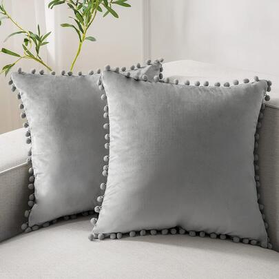 1入組素色靠墊套無填充物絨球裝飾化纖裝飾抱枕套適用於客廳家居裝飾