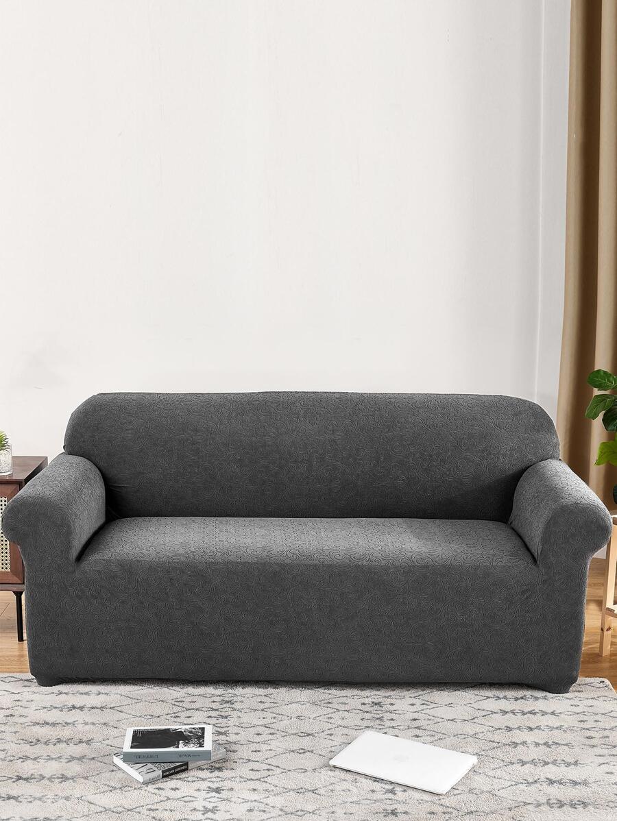 1pc Jacquard Solid Color Sofa Slipcover, Modern Polyester Sofa Slipcover For Home, All Season - Dark Grey - View 1