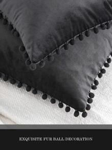 1pc Solid Color Cushion Cover Without Filler, Pom Pom Decor Chemical Fiber Decorative Throw Pillow Case For Living Room, Home Decor - Black - View 3