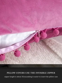 1pc Solid Color Cushion Cover Without Filler, Pom Pom Decor Chemical Fiber Decorative Throw Pillow Case For Living Room, Home Decor - Hot Pink - View 5