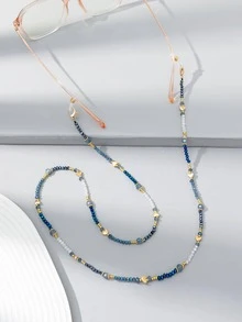 Heart Decor Beaded Glasses Chain - Blue - View 3