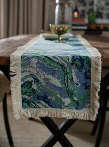 1入組大理石提花流蘇裝飾桌旗復古布藝桌飾適用於餐桌 - 綠色 - 查看 2