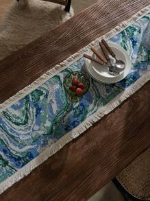 1入組大理石提花流蘇裝飾桌旗復古布藝桌飾適用於餐桌 - 綠色 - 查看 5