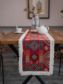 1pc Geometric Pattern Fringe Trim Table Runner, Vintage Fabric Table Decoration, For Dining Table - Red - View 2