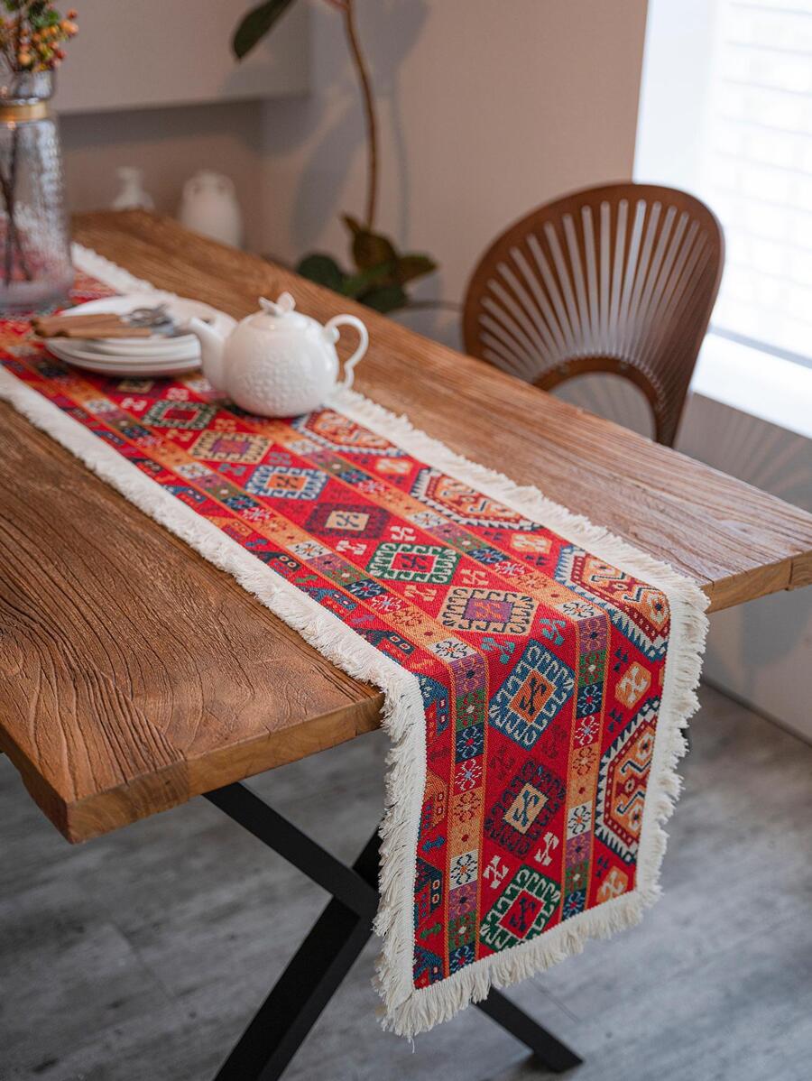 1pc Geometric Pattern Fringe Trim Table Runner, Vintage Fabric Table Decoration, For Dining Table - Red - View 1