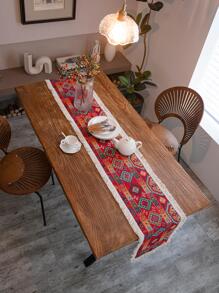 1pc Geometric Pattern Fringe Trim Table Runner, Vintage Fabric Table Decoration, For Dining Table - Red - View 3