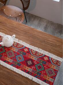 1pc Geometric Pattern Fringe Trim Table Runner, Vintage Fabric Table Decoration, For Dining Table - Red - View 4