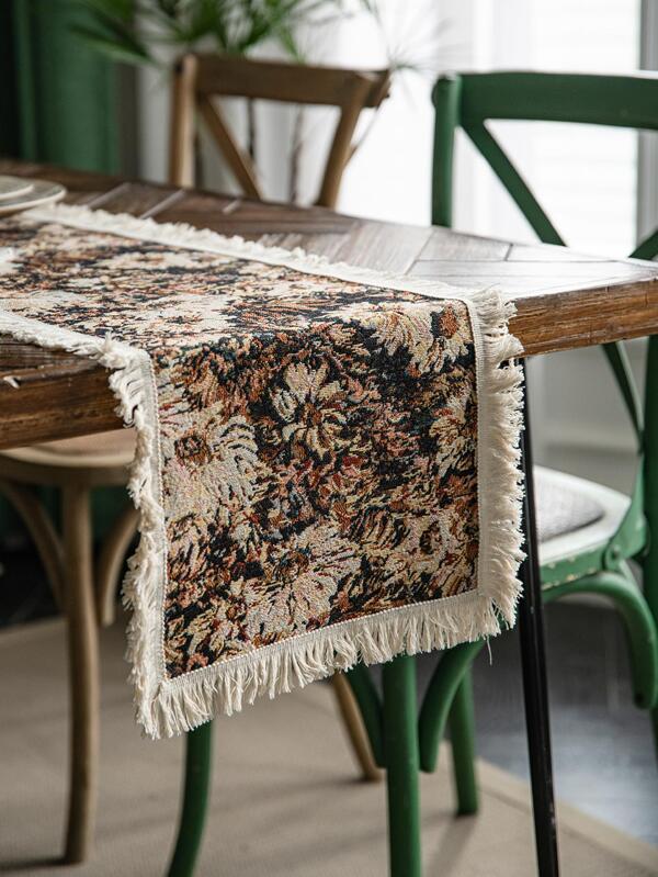 1pc Floral Jacquard Fringe Trim Table Runner, Cottagecore Fabric Table