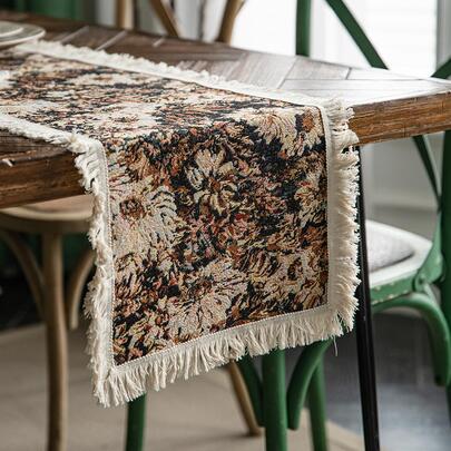 1pc Floral Jacquard Fringe Trim Table Runner, Cottagecore Fabric Table Decoration, For Dining Table