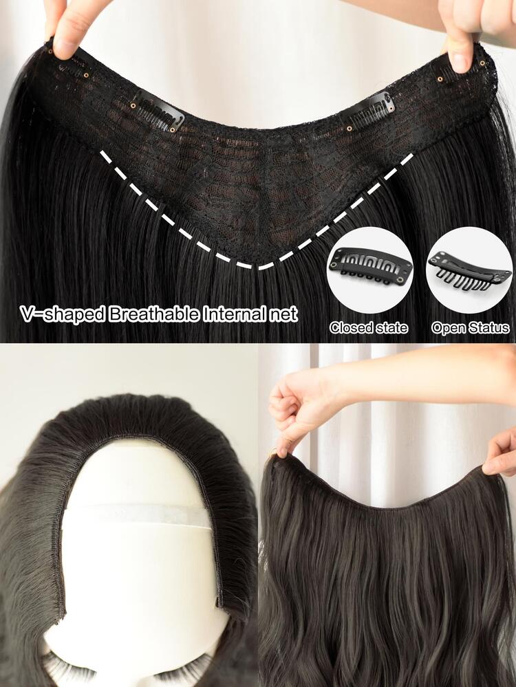 7JHH WIGS U型半假髮,淺棕色合成機製鬆大波浪曲, - 黑色 - 查看 5