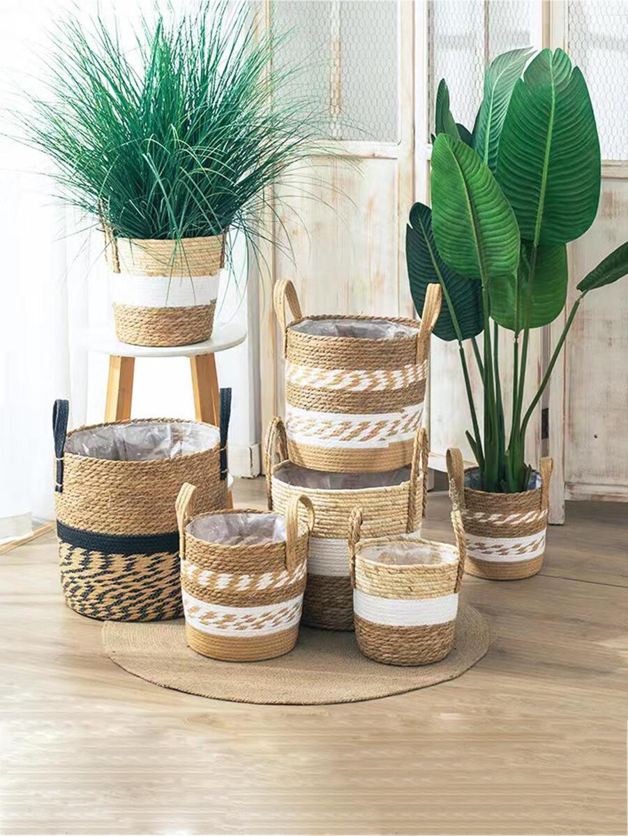 1pc Straw Woven Planter, Cottagecore Nursery Pot, For Home Decor - Black - View 1