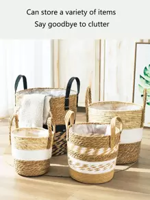 1pc Straw Woven Planter, Cottagecore Nursery Pot, For Home Decor - Black - View 6