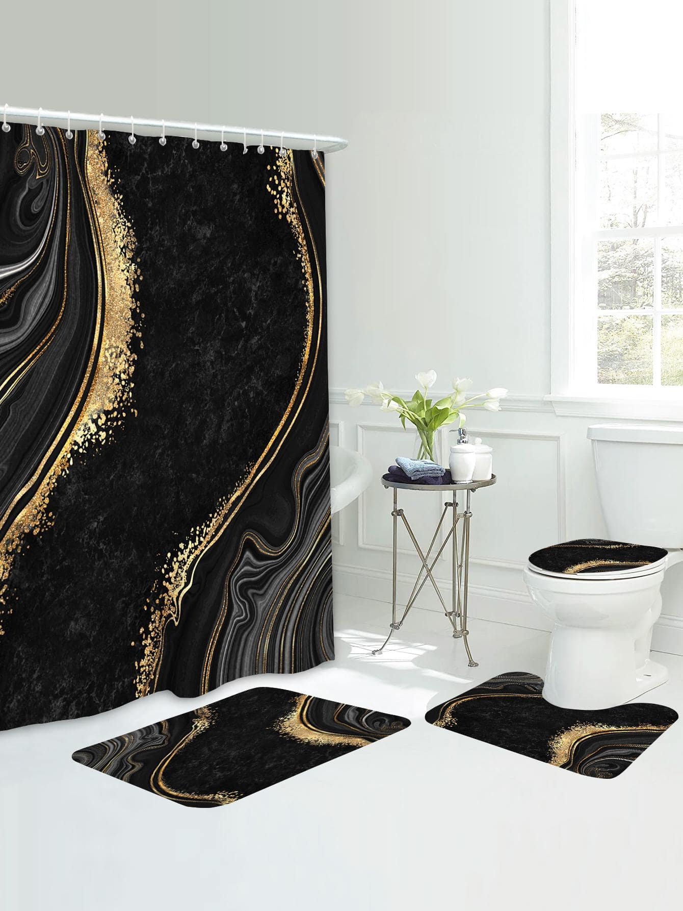 1pc Marble Print Bath Rug Or 1pc Shower Curtain, Modern Polyester Closestool Mat, For Bathroom - Multicolor - View 1