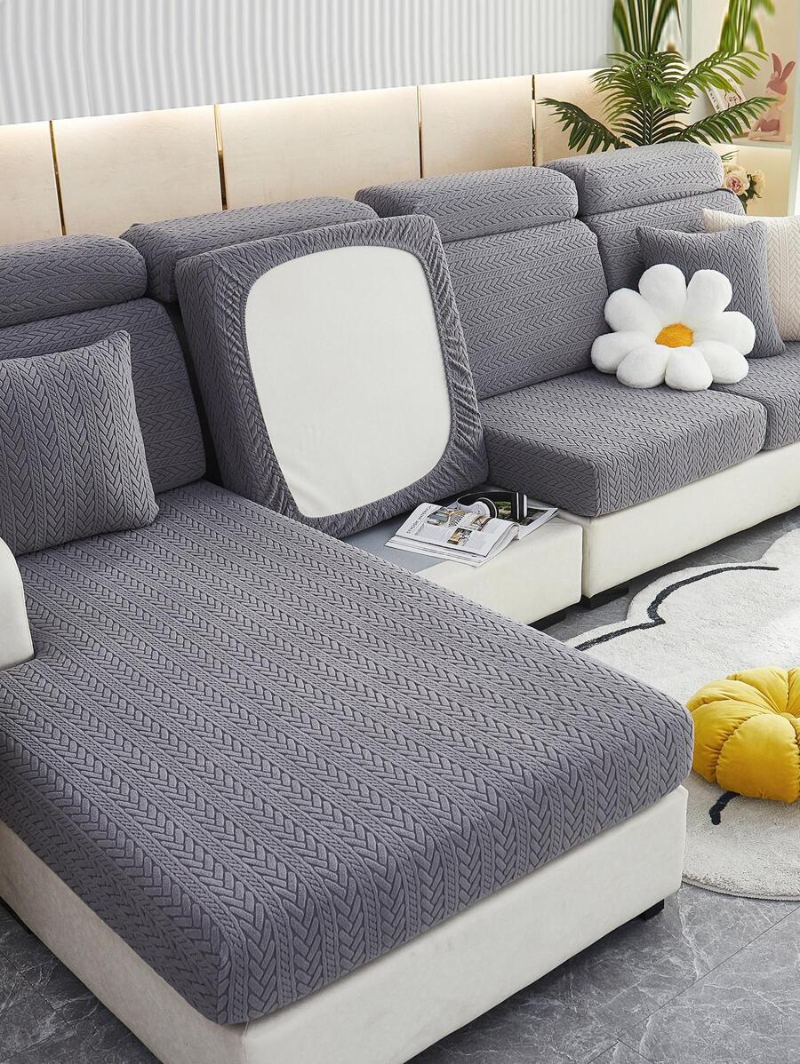 1入組提花彈力沙發座套深灰色滌綸沙發座防塵套適用於L形沙發或1/2/3/4人座沙發 - 深灰色 - 查看 1